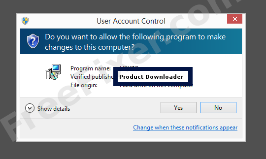Screenshot where Product Downloader appears as the verified publisher in the UAC dialog